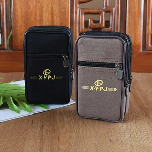 Dual-layer canvas waist bag with zipper, belt loop and hook for men's smartphones