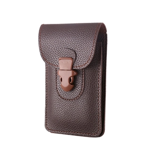 Close-up of dark brown lychee leather phone pouch with plastic buckle and fine stitching