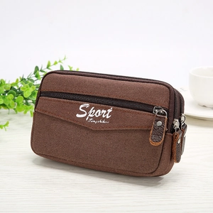 Durable brown canvas three-zipper men's waist bag for smartphones with sport logo