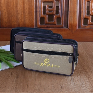 Waterproof canvas belt waist bag for men with triple zippers in khaki, brown, and black
