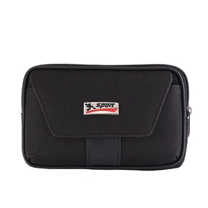 Men's black canvas waist phone pouch with flap cover and metal sport logo