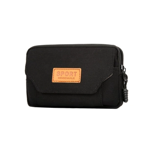 Durable black canvas men's belt pouch with dual zippers and sport leather patch