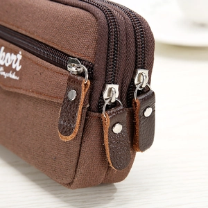 Three-zipper oxford fabric men's phone pouch in dark brown with leather pulls and rivets