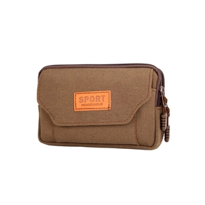 Detailed close-up of brown canvas waist bag with three zipper pockets and sport label