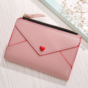 Women Short PU Leather Wallet Heart Decoration Envelope Style Zippered Coin Purse Multi-Card Slots Mini Wallet For Women