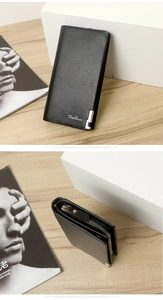 Detail of black men's long wallet showing zipper pocket and cross-grain leather texture