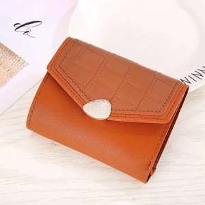Brown snakeskin heart pattern bi-fold leather wallet with teardrop metal buckle detail
