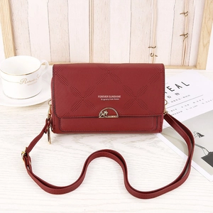 Elegant wine red crossbody phone bag with floral gold clasp and leather shoulder strap