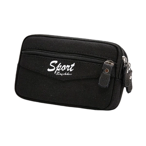 Detail view of durable black oxford fabric and multi-layer zippers on men's sport pouch