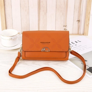Orange PU leather crossbody phone bag with gold metal buckle and long shoulder strap