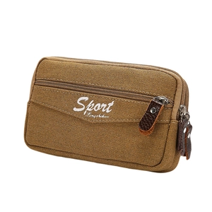 Durable tan oxford canvas phone waist bag with dual zippers and Sport logo