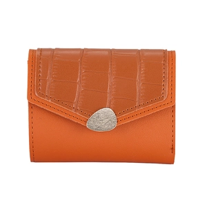 Orange and brown faux crocodile pattern bifold wallet with pebble-shaped silver clasp