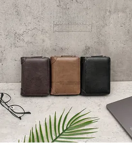 Three men's short trifold wallets in dark brown, light brown, and black leather textures