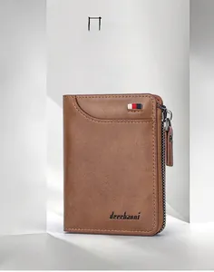 Vertical brown leather wallet for men with tricolor ribbon detail and side zipper closure