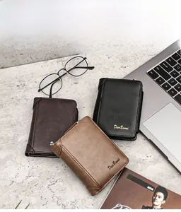 Three men's tri-fold leather wallets in black and brown displayed on a business desk