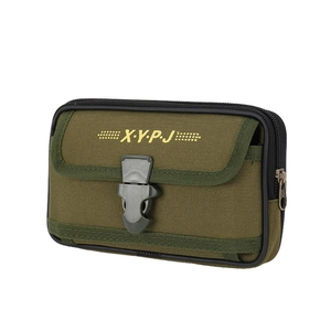 Detailed view of olive green canvas waist bag with plastic buckle and tactical nylon strap