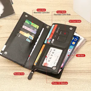 Men's large capacity long zipper wallet with multiple card slots and smartphone pocket
