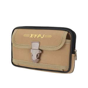 Macro view of khaki canvas waist bag featuring tactical buckle and zipper detail