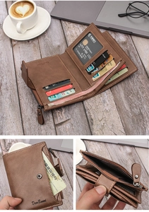 Detailed view of brown leather wallet interior with multiple card slots and zipper pocket