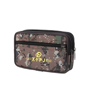 Close-up of camo canvas waist bag with three zipper pockets and durable belt loop