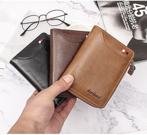 Men's short zipper wallets in black, dark brown and camel showing leather texture