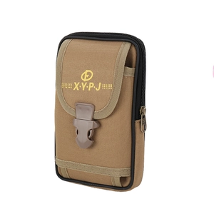 Tactical khaki canvas waist bag with buckle flap and zipper pocket for outdoor use