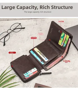 Detail view of multi-compartment leather wallet with card slots and coin pocket