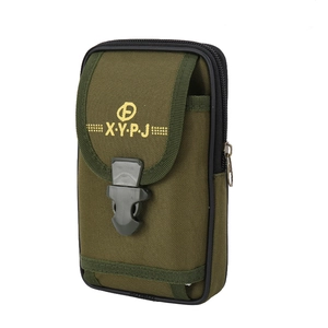 Macro shot of durable olive green canvas waist bag featuring buckle and zipper detail
