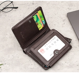 Detailed interior of a dark brown leather trifold wallet showing card slots and zipper pocket