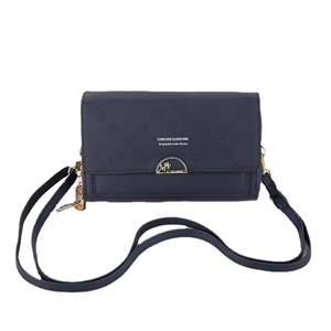 Dark blue leather crossbody phone bag with floral texture and gold magnetic clasp