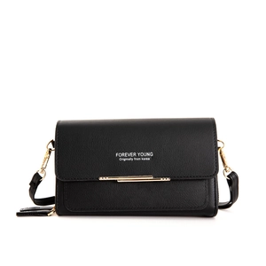 Elegant black faux leather crossbody bag for women with gold bar accent and long strap
