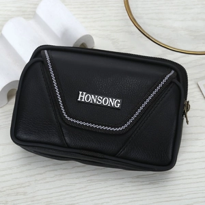 Men's 6-inch leather belt phone holster with checkered detail and dual zippers