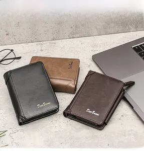 Business style men's tri-fold leather wallets shown in black, brown and dark coffee colors