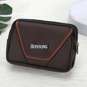 Men's Casual PU Leather Mobile Phone Belt Bag Outdoor Double Zipper Waist Pouch Phone Holder Wallet Case Pouch For Men