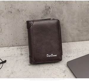Macro shot of dark brown faux leather trifold wallet with zipper and subtle brand logo