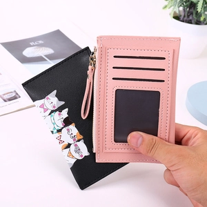Cartoon Cat Pattern Ultra Thin PU Leather Card Holder With Zipper Coin Pocket Multi Slot ID Window Wallet For Women