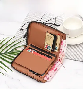 Brown short wallet for men featuring multi-card slots and secure zipper closure
