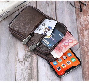 Pochette de ceinture en cuir marron avec compartiments pour téléphone et porte-cartes