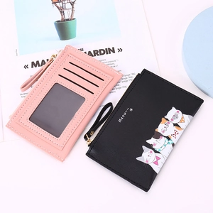 Slim PU leather card holder featuring cat pattern, multi-slot design and portable wrist strap