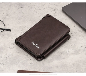 Close-up of men's dark brown leather trifold wallet with fine matte texture and side zipper