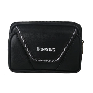 Men's black 6-inch faux leather belt pouch with dual zippers and woven V-stripe detail