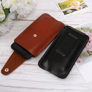Slim vertical men's belt pouch with snap button for outdoor use in black and brown