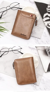 Front and back detail of brown leather men's wallet with metal logo and tricolor ribbon