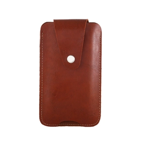 Detailed view of a brown leather phone holster with white stitching and metal snap button