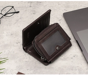 Interior detail of a dark brown leather trifold wallet with card slots and a zipper pocket
