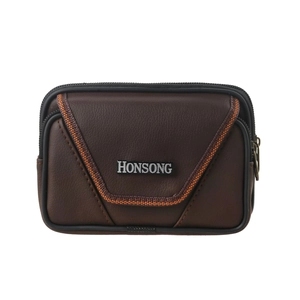 Detail of brown litchi pattern leather waist bag with double zippers and metal logo