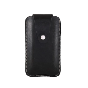 Slim black leather phone holster with metal snap button and belt loop attachment