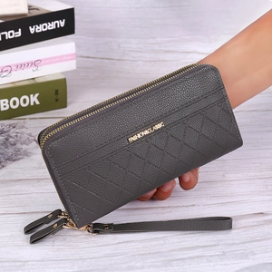 Gray quilted double-zipper wallet for women with leather wrist strap and litchi texture