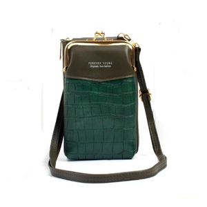 Close-up of olive green stone pattern crossbody phone bag with golden metal clasp