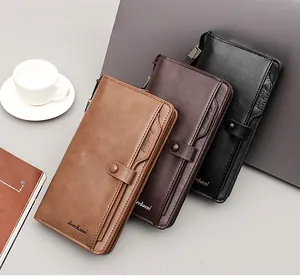 Business men's long wallets in black, tan and coffee leather with zipper and snap closure